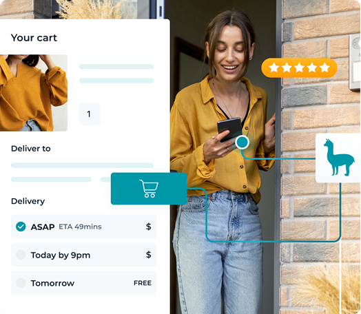 Image of a women looking at her mobile phone with an illustration to the side showing Sherpa delivery options available in an online shopping cart Image of a women looking at her mobile phone with an illustration to the side showing Sherpa delivery options available in an online shopping cart