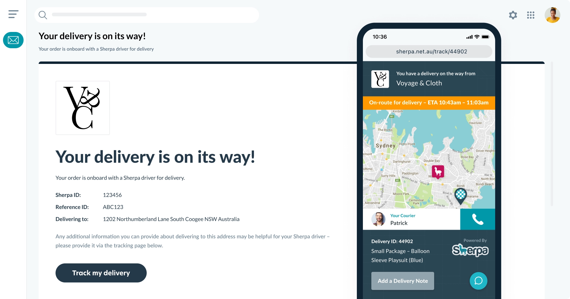 Image of the Sherpa email and mobile confirmation on the delivery status communications sent to an end recipient customer via the Sherpa delivery platform