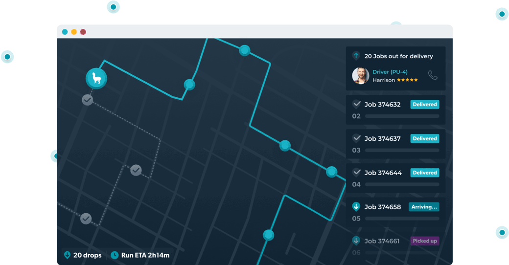 Browser with routed stops for a driver run showing completed deliveries Browser with routed stops for a driver run showing completed deliveries